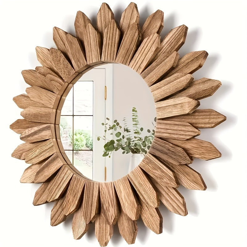 Circulaire spiegel met houten bloemenbladen in zonnebloem design voor bohemian stijl.