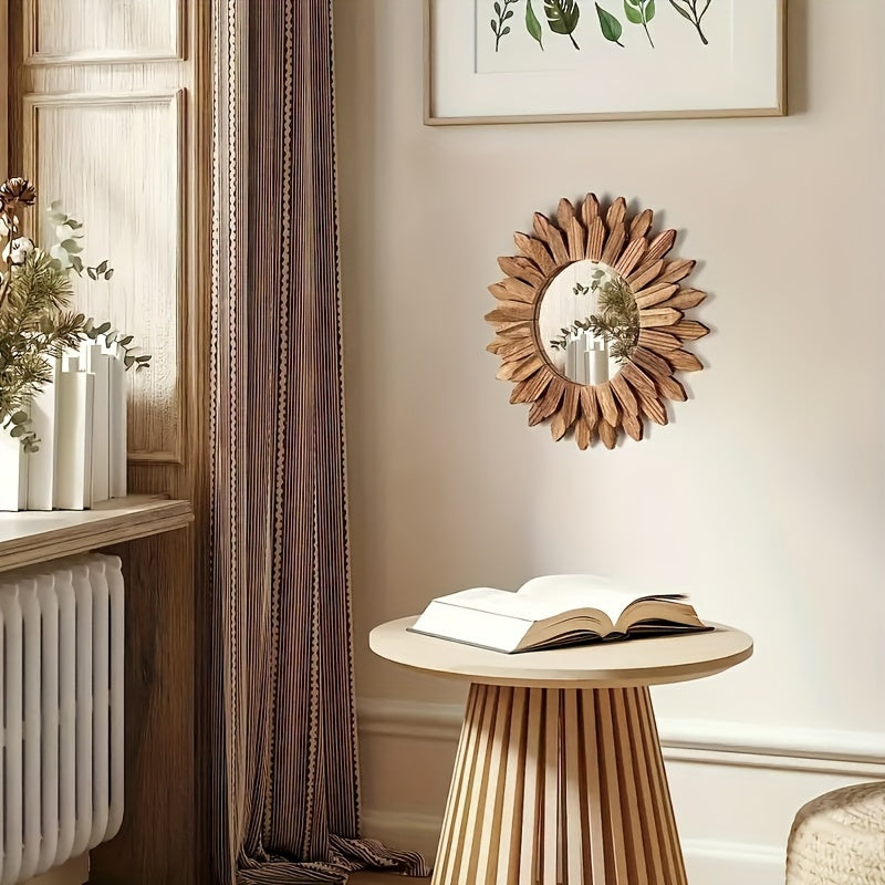 Ronde houten salontafel met fluted voet, perfect bij de Bohemian Zonnebloem Spiegel