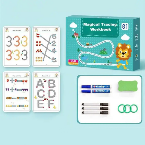 Herbruikbaar Traceren Werkboek Set™ met oefenkaarten en accessoires voor kinderen.