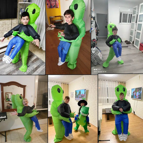 Inflatable alien kostuum met een persoon erin voor kinderen en volwassenen.