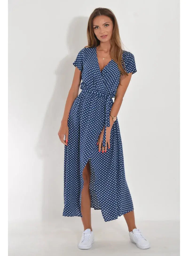 Polkadot Jurk - Elegant - Blauw Zachte Stof Flatterende Pasvorm - Perfect voor Casual Uitjes