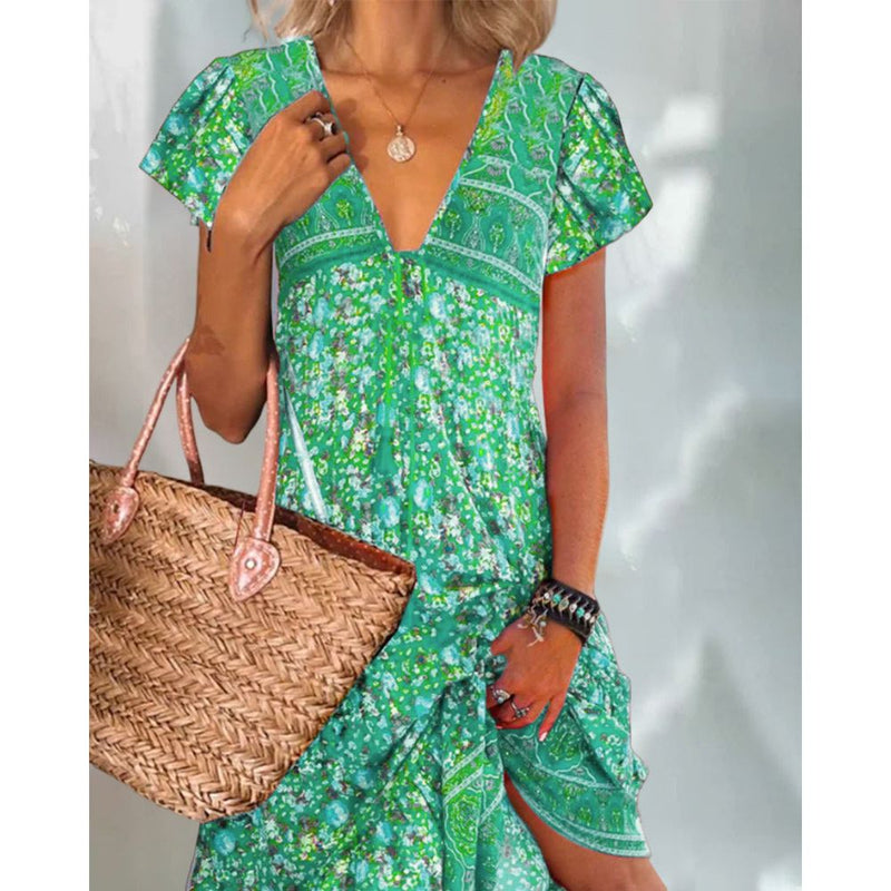 A-lijn Jurk - Casual - Katoenmix V-hals met Print - Perfect voor Lente Zomer en Herfst - GROEN / S - Dresses