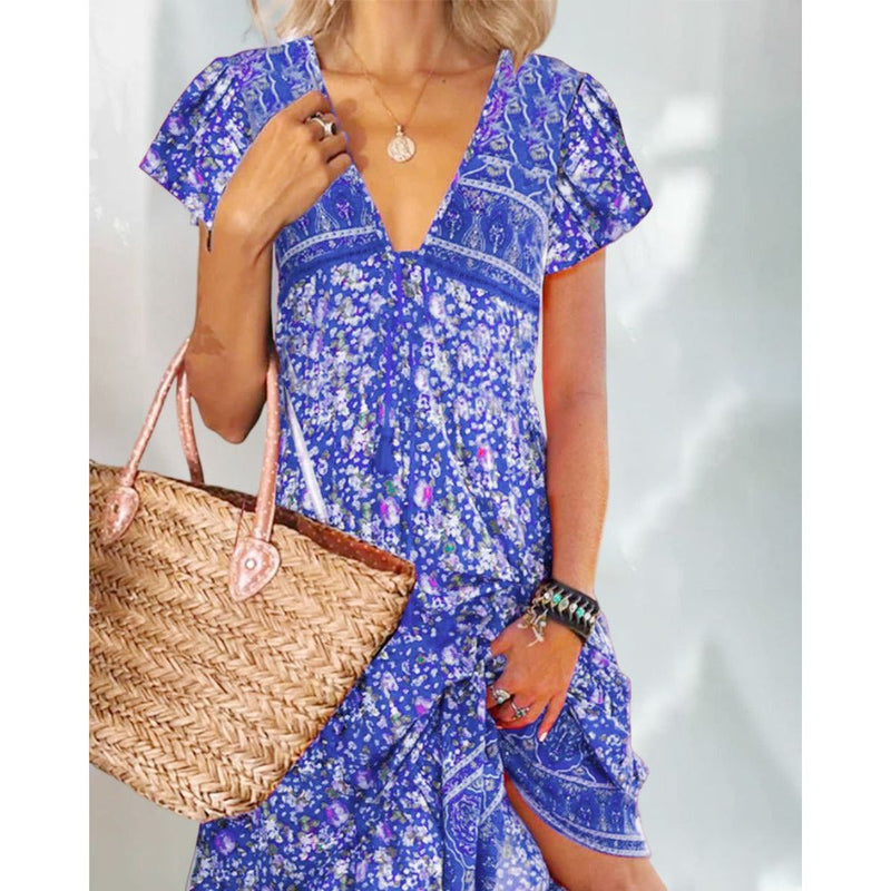 A-lijn Jurk - Casual - Katoenmix V-hals met Print - Perfect voor Lente Zomer en Herfst - BLAUW / S - Dresses