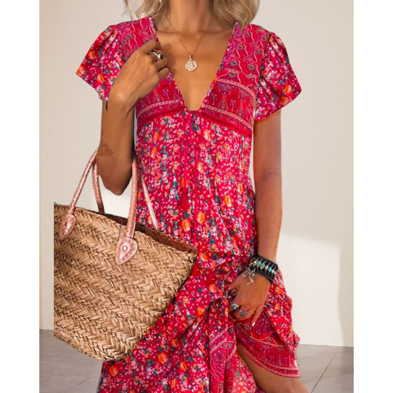 A-lijn Jurk - Casual - Katoenmix V-hals met Print - Perfect voor Lente Zomer en Herfst - Dresses