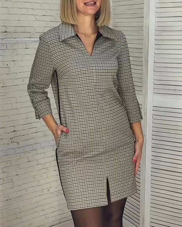 A-lijn Jurk - Eenvoudig - Bedrukt Katoenmix met V-hals en Split - Perfect voor Herfst en Winter - Dresses