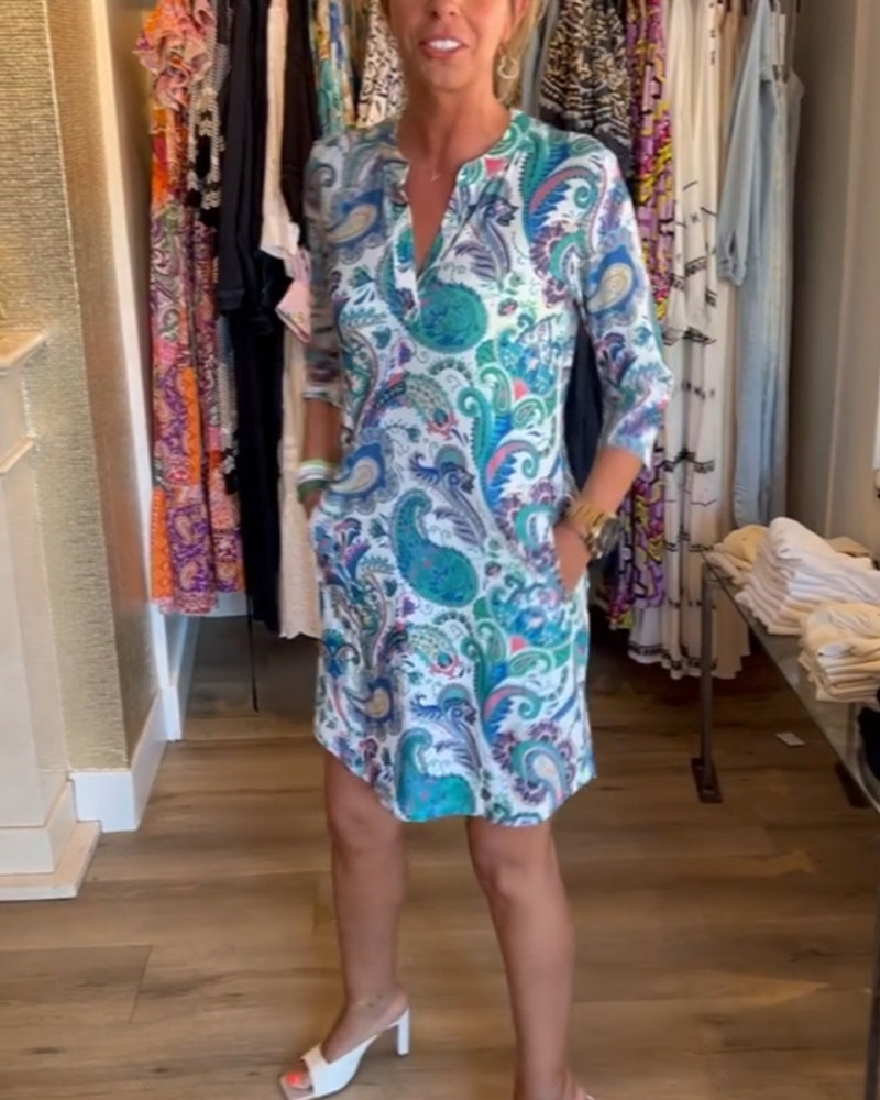 A-lijn Jurk - Informeel Elegant - Katoen met Mengsel V-hals Print - Perfect voor Lente en Zomer - Dresses