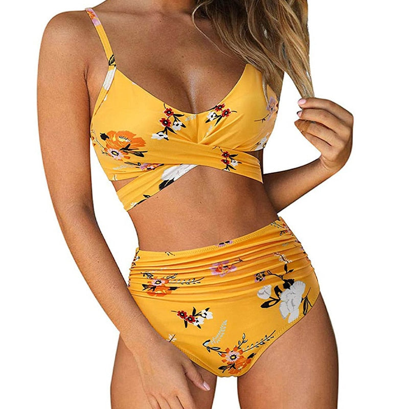 Belle High Waisted Bikini - Vrolijk - Comfortabel High Waist - Perfect voor de Zomer - Geel - Bloemen / S - Dames High