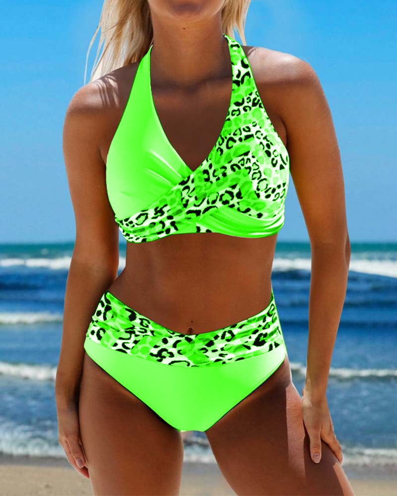 Bikini Dames - Luipaard - Draadloze BH Mouwloos Striksluiting - Ideaal voor Zomer Vakantie - Groen / S - Bikinis