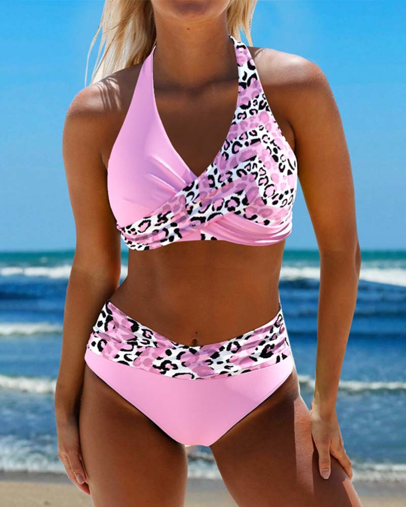 Bikini Dames - Luipaard - Draadloze BH Mouwloos Striksluiting - Ideaal voor Zomer Vakantie - Roze / S - Bikinis