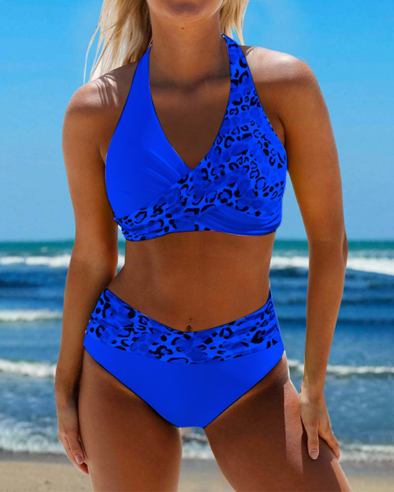 Bikini Dames - Luipaard - Draadloze BH Mouwloos Striksluiting - Ideaal voor Zomer Vakantie - Blauw / S - Bikinis