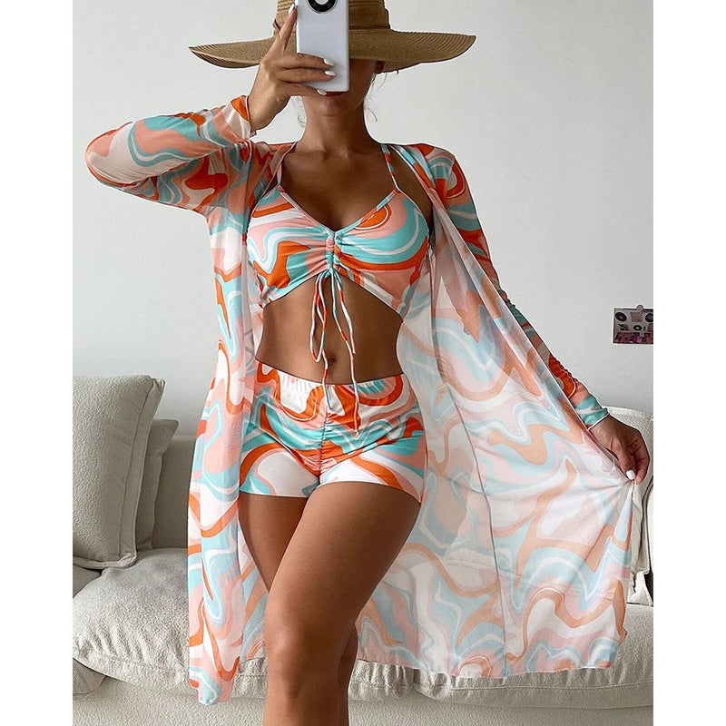 Bikini Set - Vakantie Collectie - Print U-hals Mouwloos - Perfect voor Zomer - Oranje / S - Bikinis & Swimwear