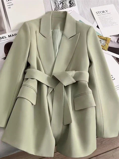 Blazer Dames - Klassiek - Beige Tailleband Praktische Zakken - Perfect voor Formele Gelegenheden - Smaragdgroen / S