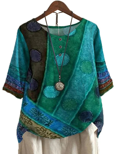 Blouse - Boho-Chic - Blauw-Groen Katoenmix Handgemaakt - Perfect voor Elke Gelegenheid