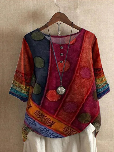 Blouse - Boho-Chic - Blauw-Groen Katoenmix Handgemaakt - Perfect voor Elke Gelegenheid - Rood / S - Blouses