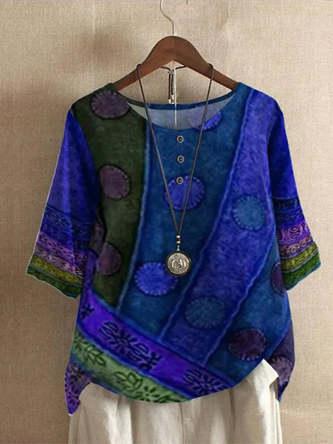 Blouse - Boho-Chic - Blauw-Groen Katoenmix Handgemaakt - Perfect voor Elke Gelegenheid - Blauw / S - Blouses