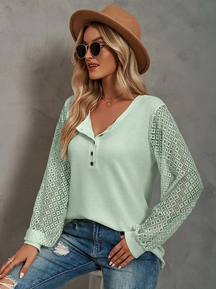 Blouse - Casual - Kantdetails Ademend Materiaal - Perfect voor Elke Gelegenheid - Groen / S - Dames Blouses