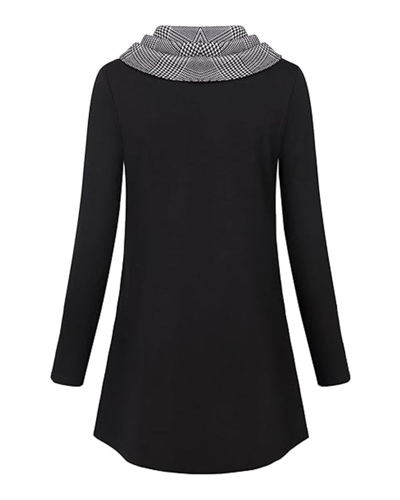 Blouse - Eenvoudig en Elegant - Katoenmix met Ruitpatroon en Capuchonhals - Perfect voor Lente Herfst en Winter