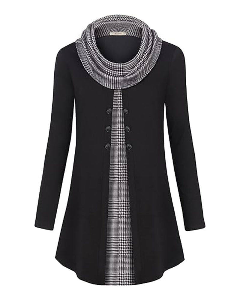 Blouse - Eenvoudig en Elegant - Katoenmix met Ruitpatroon en Capuchonhals - Perfect voor Lente Herfst en Winter