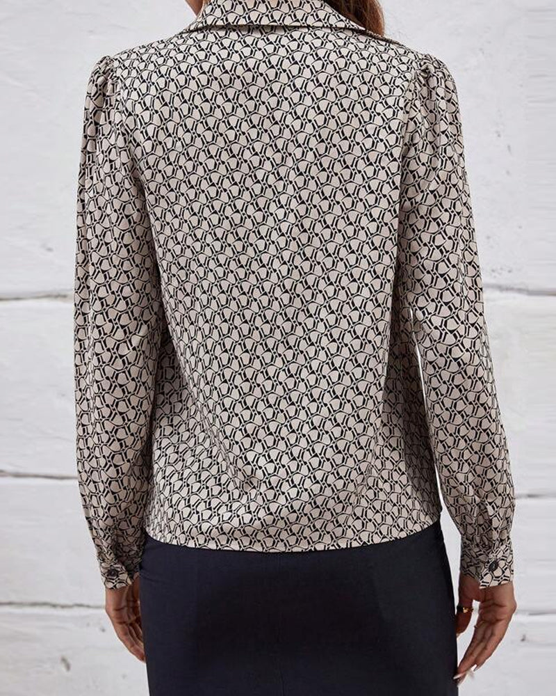 Blouse - Elegante Kantoor - Katoenmix Geometrische Print Ballonmouwen - Perfect voor Dagelijks Werk - Blouses