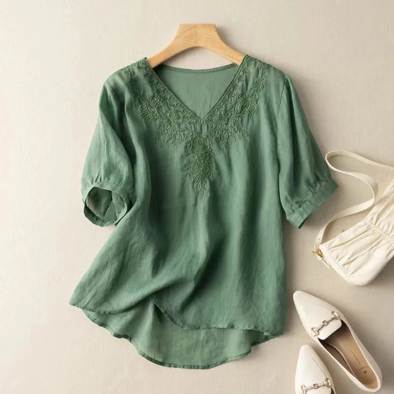 Blouse - Elegante V-hals - Borduursel - Perfect voor Formele Gelegenheden - Groen / XS - Dames Blouses