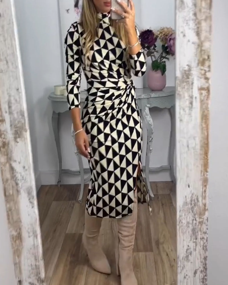 Bodycon Jurk - Eenvoudig - Geometrisch Druk Katoenmengsel - Ideaal voor Herfst en Winter - Dresses