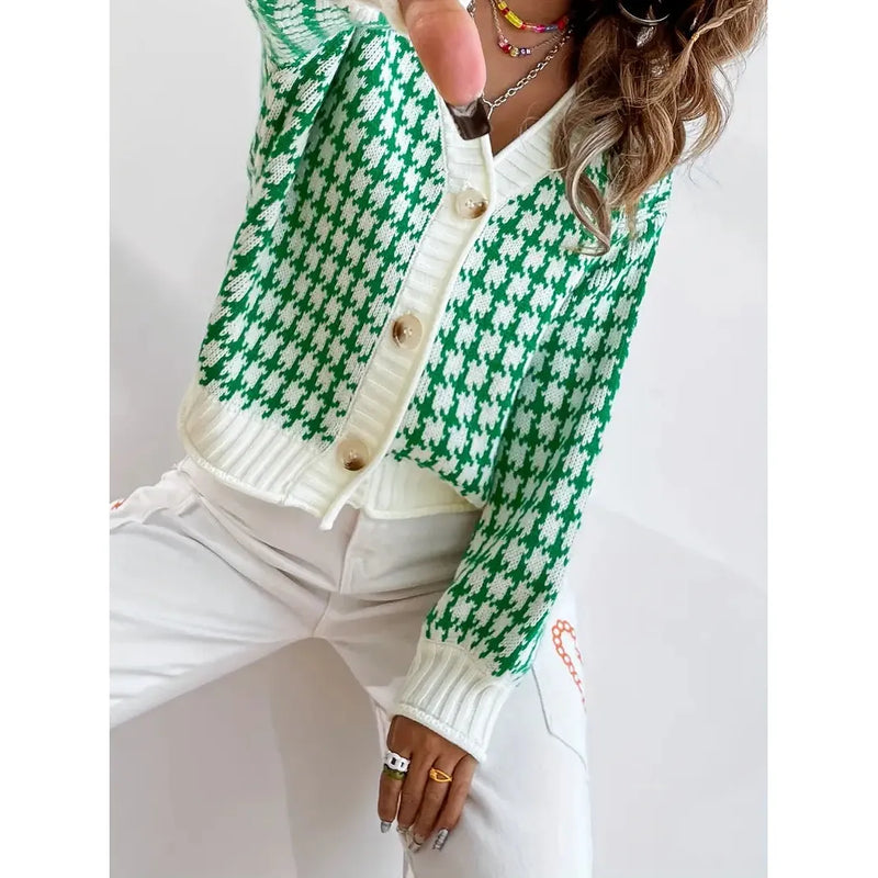 Cardigan - Y2K Stijl - 100% Acryl V-hals Hondentandpatroon - Perfect voor Herfst en Winter - Cardigans