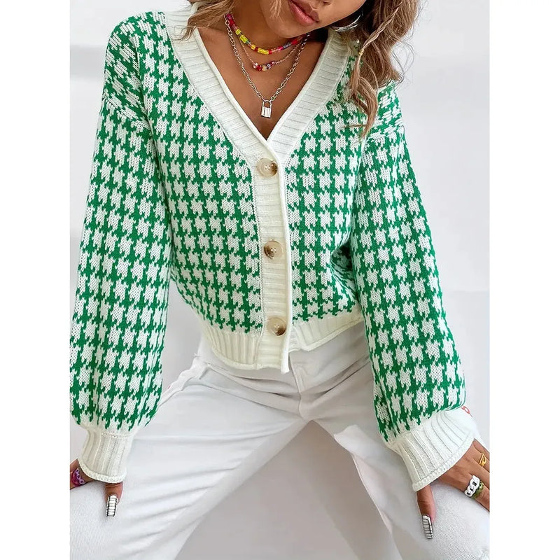 Cardigan - Y2K Stijl - 100% Acryl V-hals Hondentandpatroon - Perfect voor Herfst en Winter - XS - Cardigans