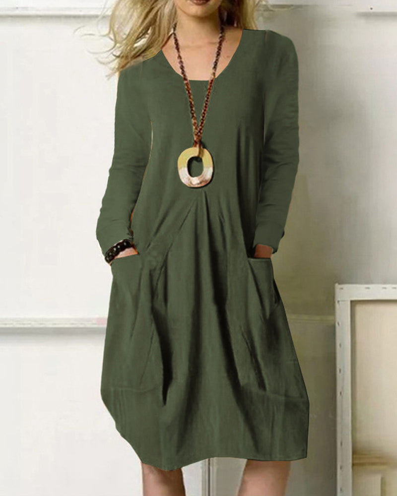 Casual Jurk - Effen Kleur - Katoen en Linnen Lange Mouw Zak - Perfect voor Lente en Herfst - Legergroen / S - Dresses