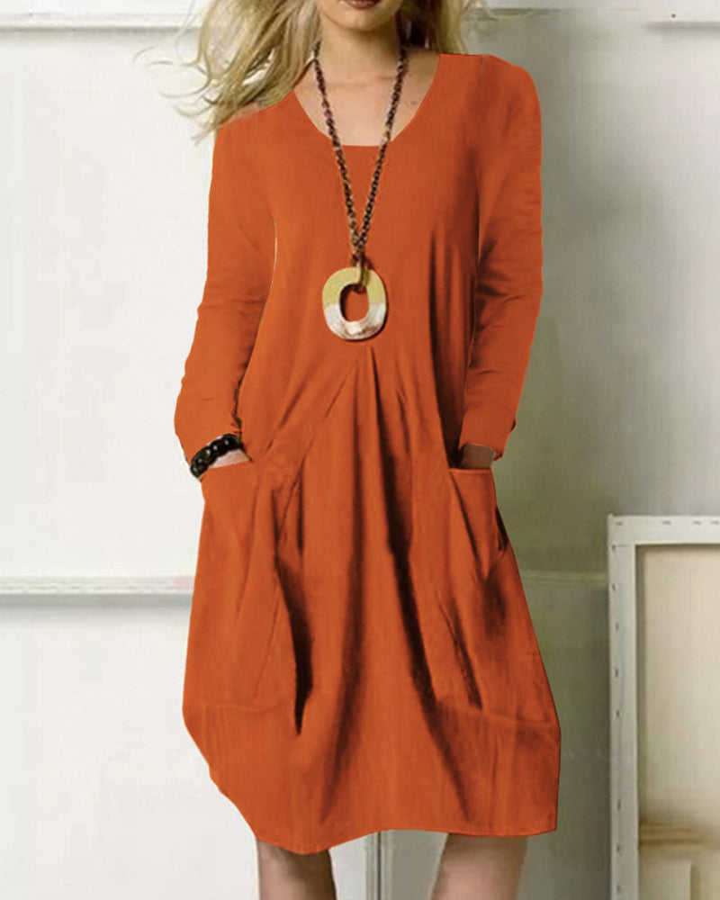 Casual Jurk - Effen Kleur - Katoen en Linnen Lange Mouw Zak - Perfect voor Lente en Herfst - Oranje / S - Dresses