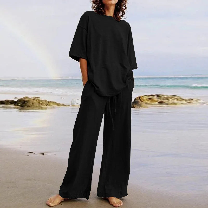 Casual Set - Eenvoudig - Zachte Katoenmix - Ideaal voor Thuis en Strand - Zwart / S - Casual Wear