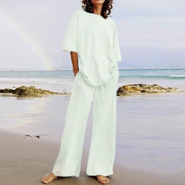 Casual Set - Eenvoudig - Zachte Katoenmix - Ideaal voor Thuis en Strand - Wit / S - Casual Wear