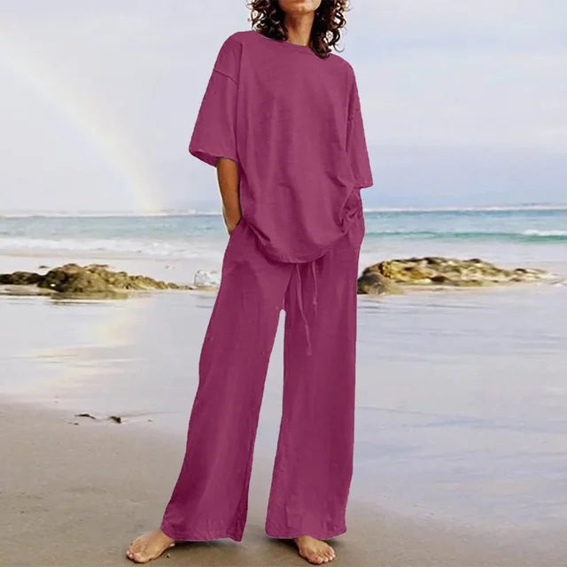 Casual Set - Eenvoudig - Zachte Katoenmix - Ideaal voor Thuis en Strand - Paars / S - Casual Wear