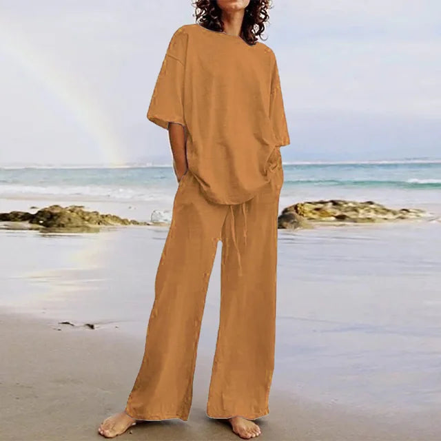 Casual Set - Eenvoudig - Zachte Katoenmix - Ideaal voor Thuis en Strand - Bruin / S - Casual Wear