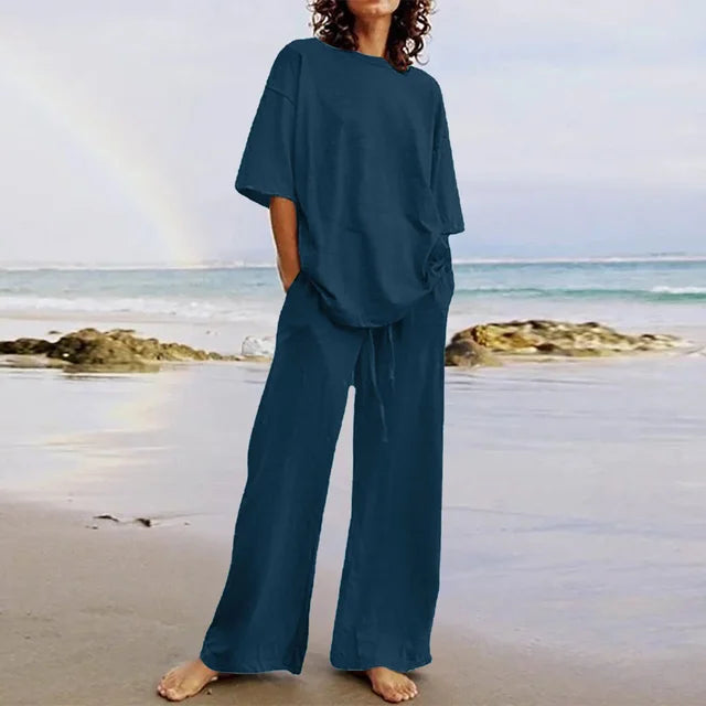 Casual Set - Eenvoudig - Zachte Katoenmix - Ideaal voor Thuis en Strand - Marineblauw / S - Casual Wear