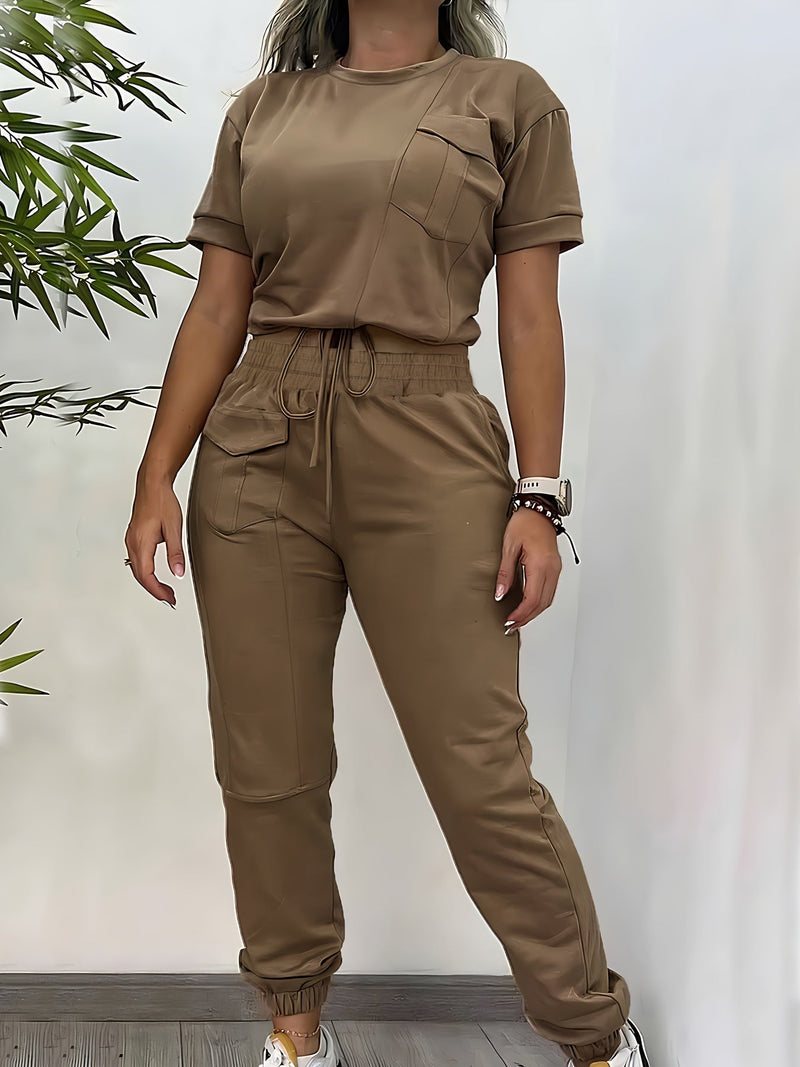 Casual Set - Effen Kleur - Polyester - Geschikt voor Alle Seizoenen - Khaki / S - Kleding/Casual T-shirt en Broek