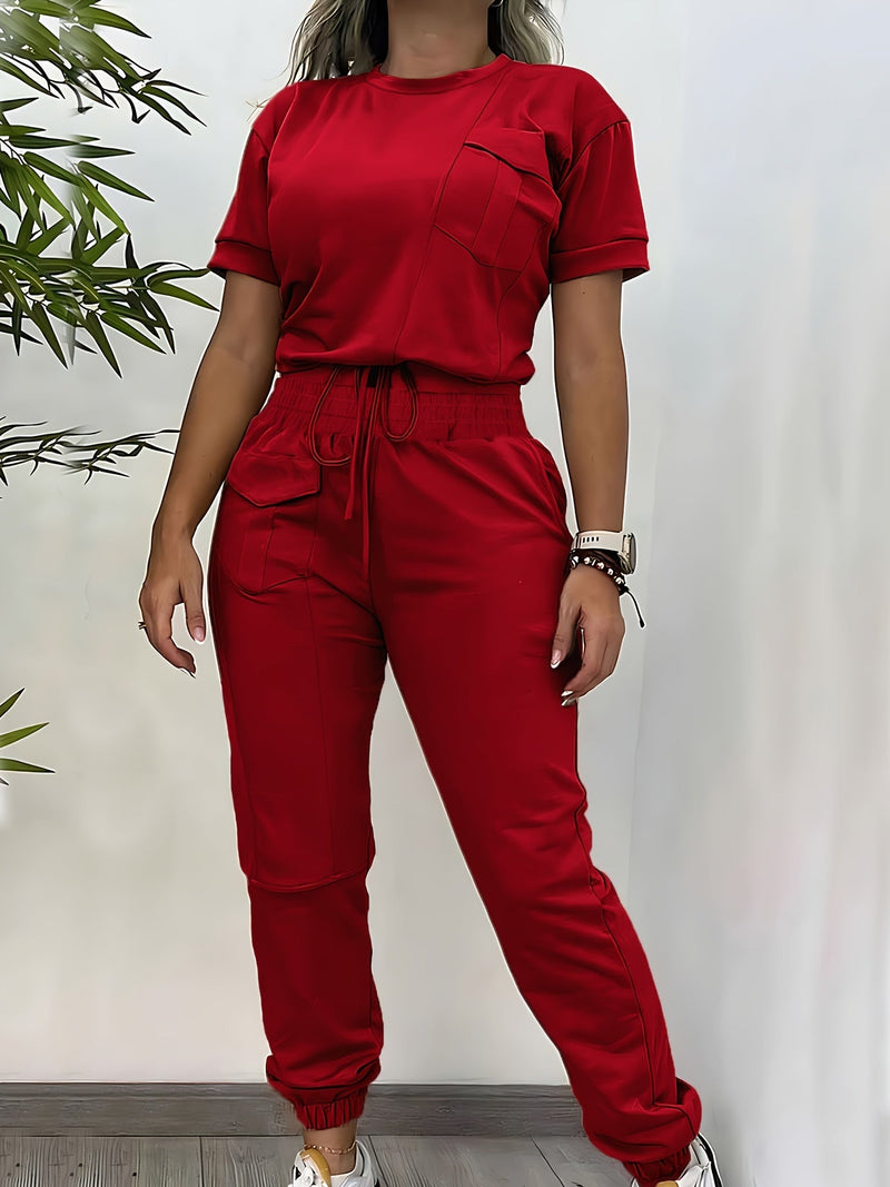 Casual Set - Effen Kleur - Polyester - Geschikt voor Alle Seizoenen - Rood / S - Kleding/Casual T-shirt en Broek