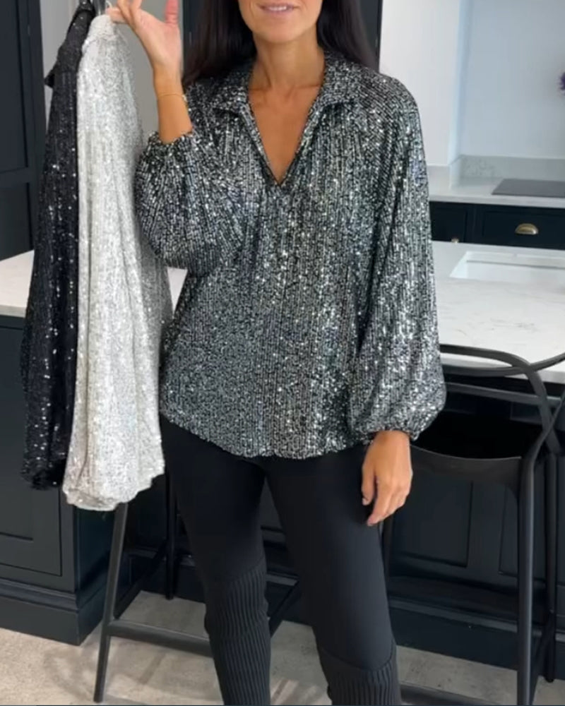 Chique Blouse - Katoenmix - Pailletten Effen - Perfect voor Lente Herfst Winter - Zilver / S - Blouses