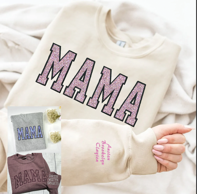 Mama Sweatshirt met Geborduurde Applicatie en Glitter – Op Maat Gemaakt