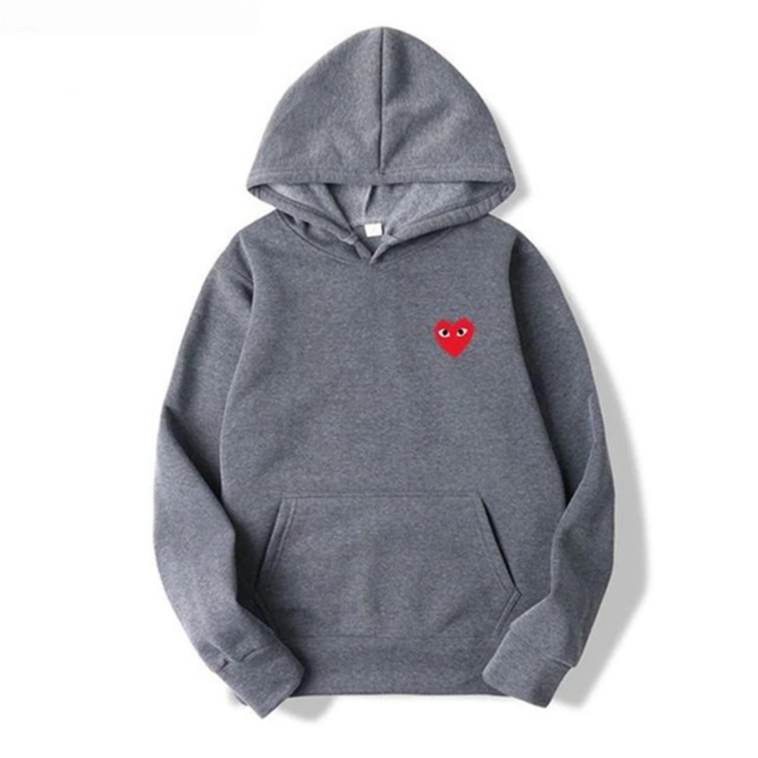 Grijze hoodie met opvallende oogprint en klein rood hartlogo voor een trendy look.