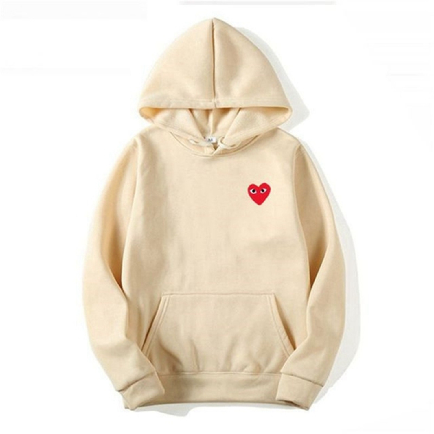 Beige EyeStyle hoodie met opvallende oogprint en klein rood hartlogo op de borst.