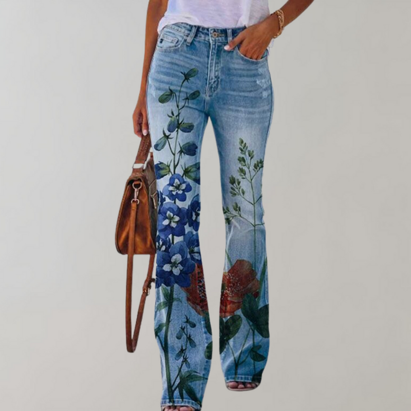 Flare Broek Dames - Kjellfrid - Vrolijke Bloemenprint - Perfect voor Zomerse Dagen - Met blauwe bloem / S - Dames Flare