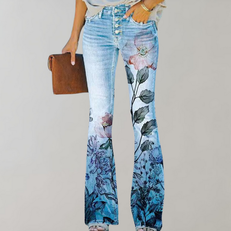 Flare Broek Dames - Kjellfrid - Vrolijke Bloemenprint - Perfect voor Zomerse Dagen - Met roze bloem / S - Dames Flare