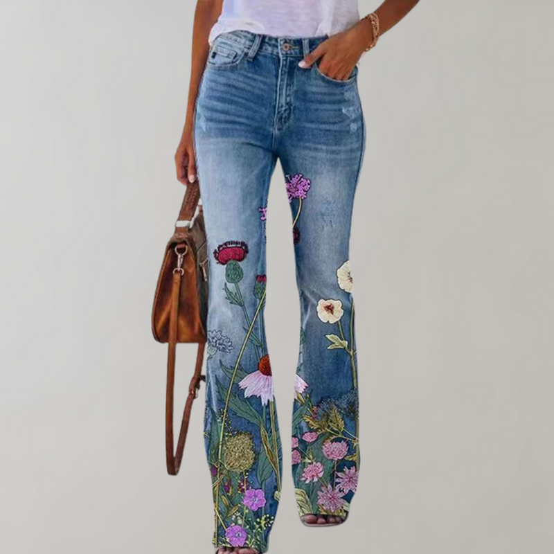 Flare Broek Dames - Kjellfrid - Vrolijke Bloemenprint - Perfect voor Zomerse Dagen - Met rode bloem / S - Dames Flare