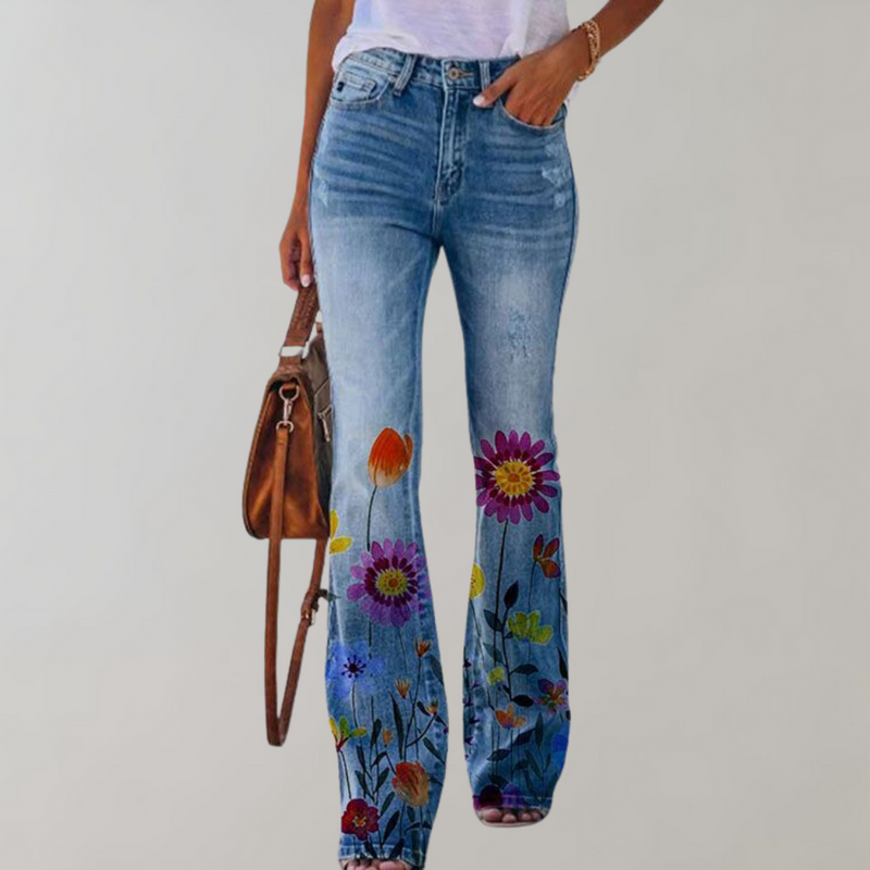 Flare Broek Dames - Kjellfrid - Vrolijke Bloemenprint - Perfect voor Zomerse Dagen - Met paarse bloem / S - Dames Flare