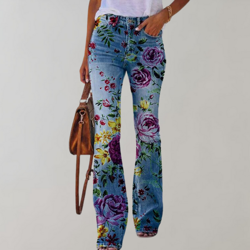 Flare Broek Dames - Kjellfrid - Vrolijke Bloemenprint - Perfect voor Zomerse Dagen - Met paarse roos / S - Dames Flare