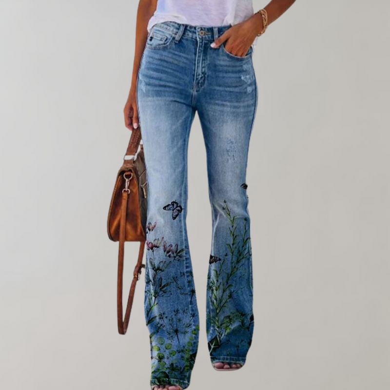 Flare Broek Dames - Kjellfrid - Vrolijke Bloemenprint - Perfect voor Zomerse Dagen - Met zwarte vlinder / S - Dames