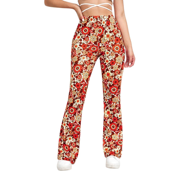 Flared Broek - Xandrea - Bloemenprint Elastische Taille Hoogwaardig Polyester - Ideaal voor Lente en Zomer - Oranje