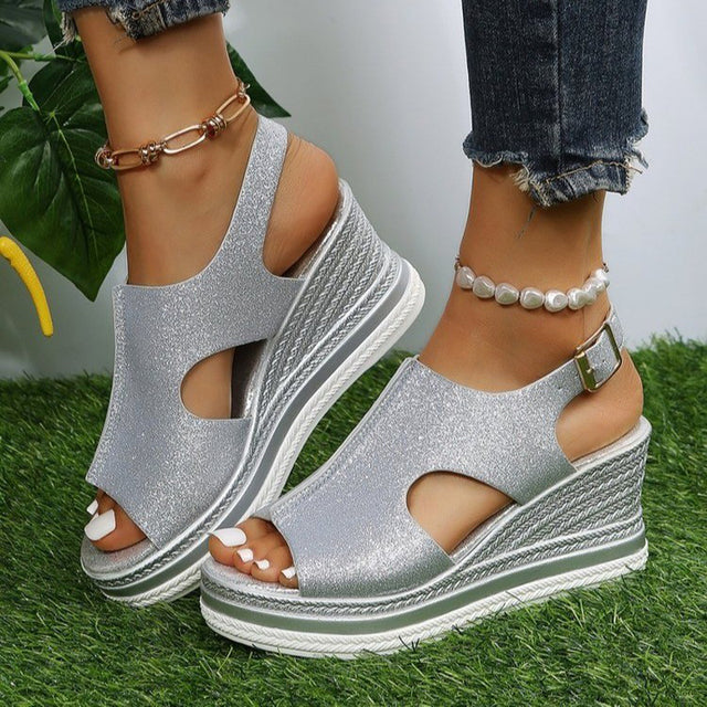 Glitter Wedge Sandalen - Chic Glitter - Comfortabel - Geschikt voor Zomeruitjes - Zilver / 34 - Womens Footwear >