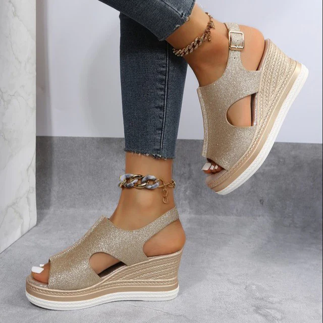 Glitter Wedge Sandalen - Chic Glitter - Comfortabel - Geschikt voor Zomeruitjes - Goud / 34 - Womens Footwear > Sandals