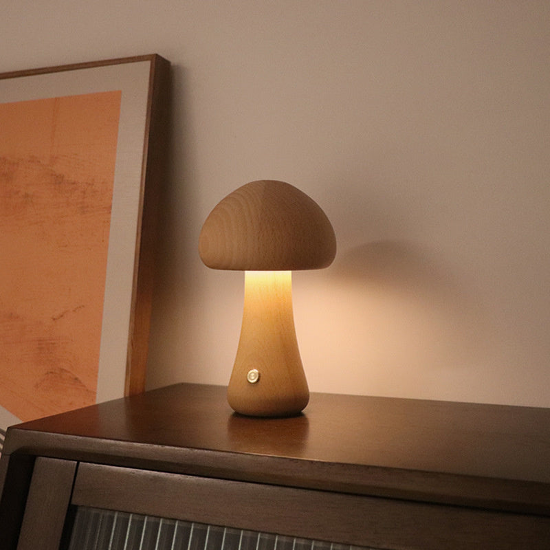 Houten Vintage Paddenstoel Tafellamp - Wooden Vintage Mushroom Table Lamp